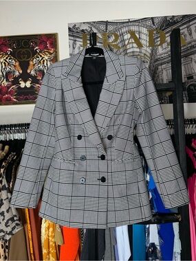 Express Plaid Blazer Black White Double Breasted Womens XS New Tailored Chic